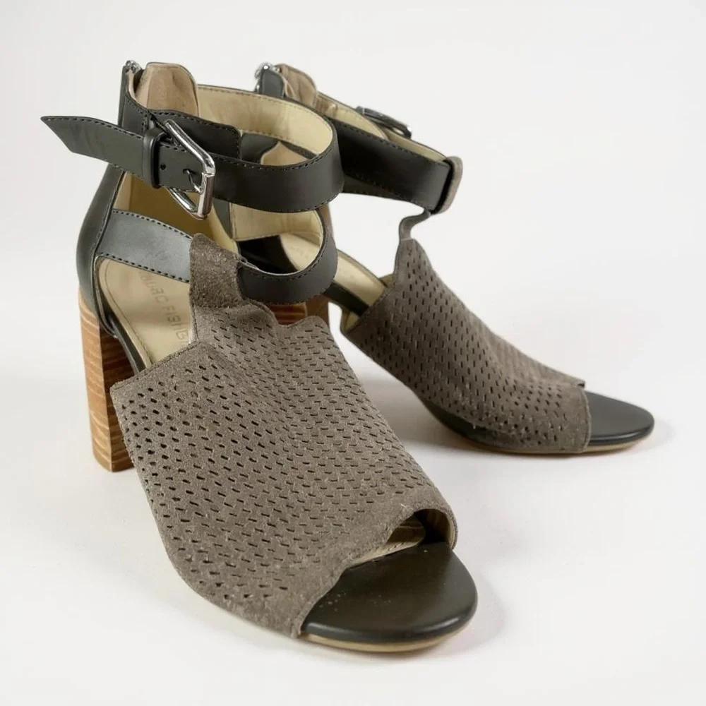 Marc Fisher Gabie Heels Grey Taupe‎ Suede Cutout Block 8.5 Summer Comfy Heels